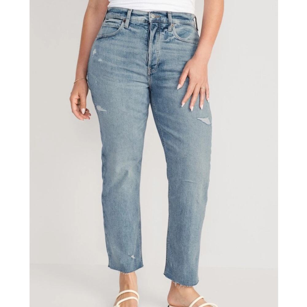 Old Navy High-Rise Button-Fly Sky-Hi Straight Raw-Hem Blue Jeans New size 24 - Picture 2 of 14